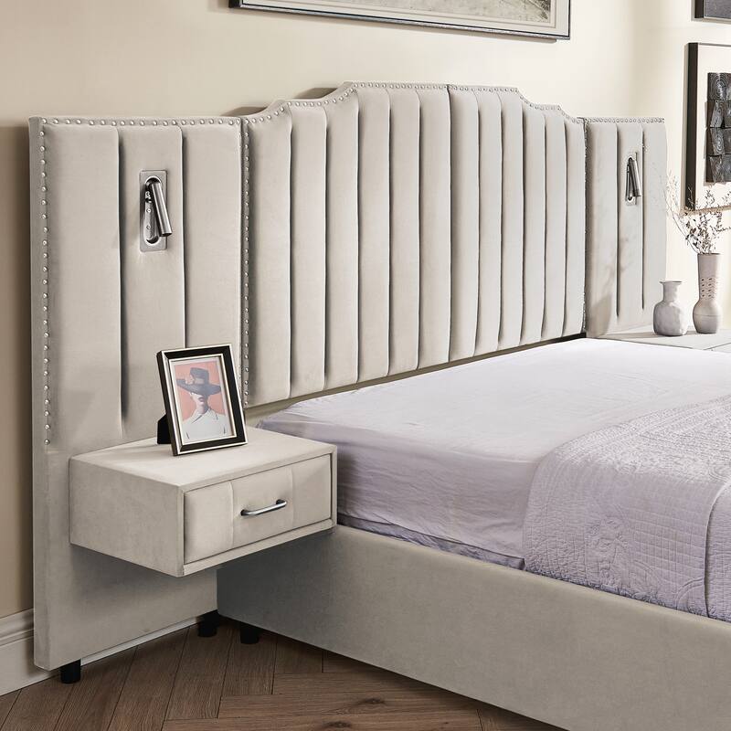 Queen Size Upholstered Bed Frame , Vertical Stripe Design with Buttons Around Platform Bed with Headboard