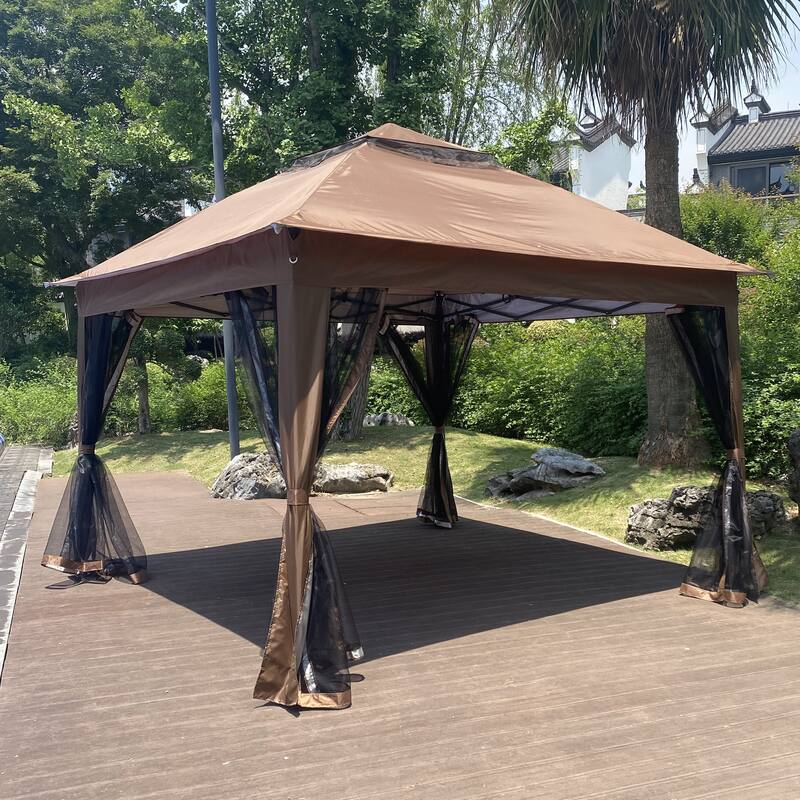 Outdoor 11x 11Ft Pop Up Gazebo Canopy With Removable Zipper Netting, 2-Tier Soft Top Event Tent For Patio with 4 Sandbags