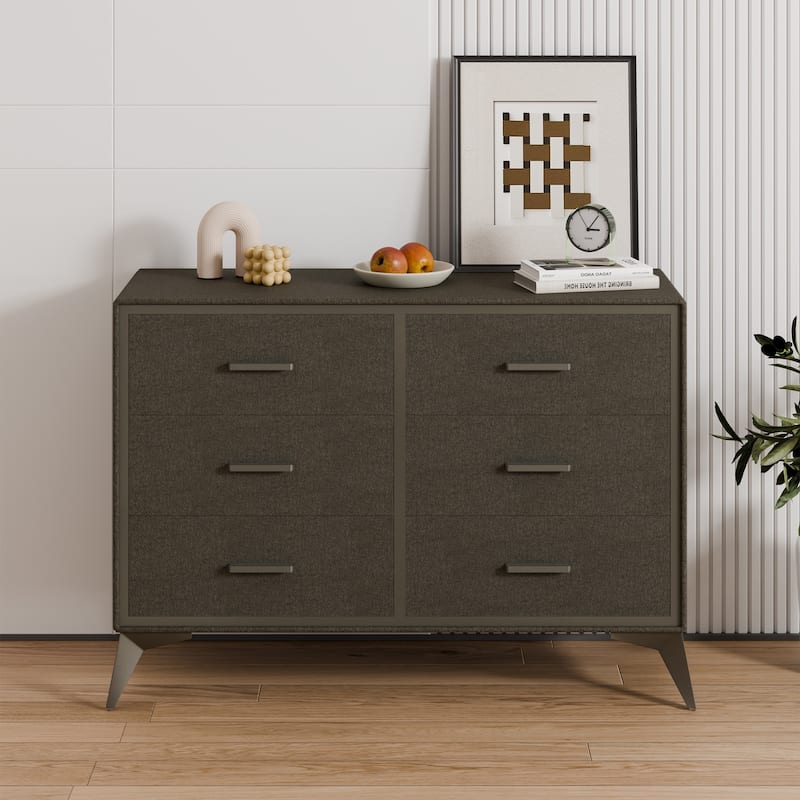 Metal-Framed Fabric Storage Dresser Cabinet with Drawer - Brown - 6-drawer