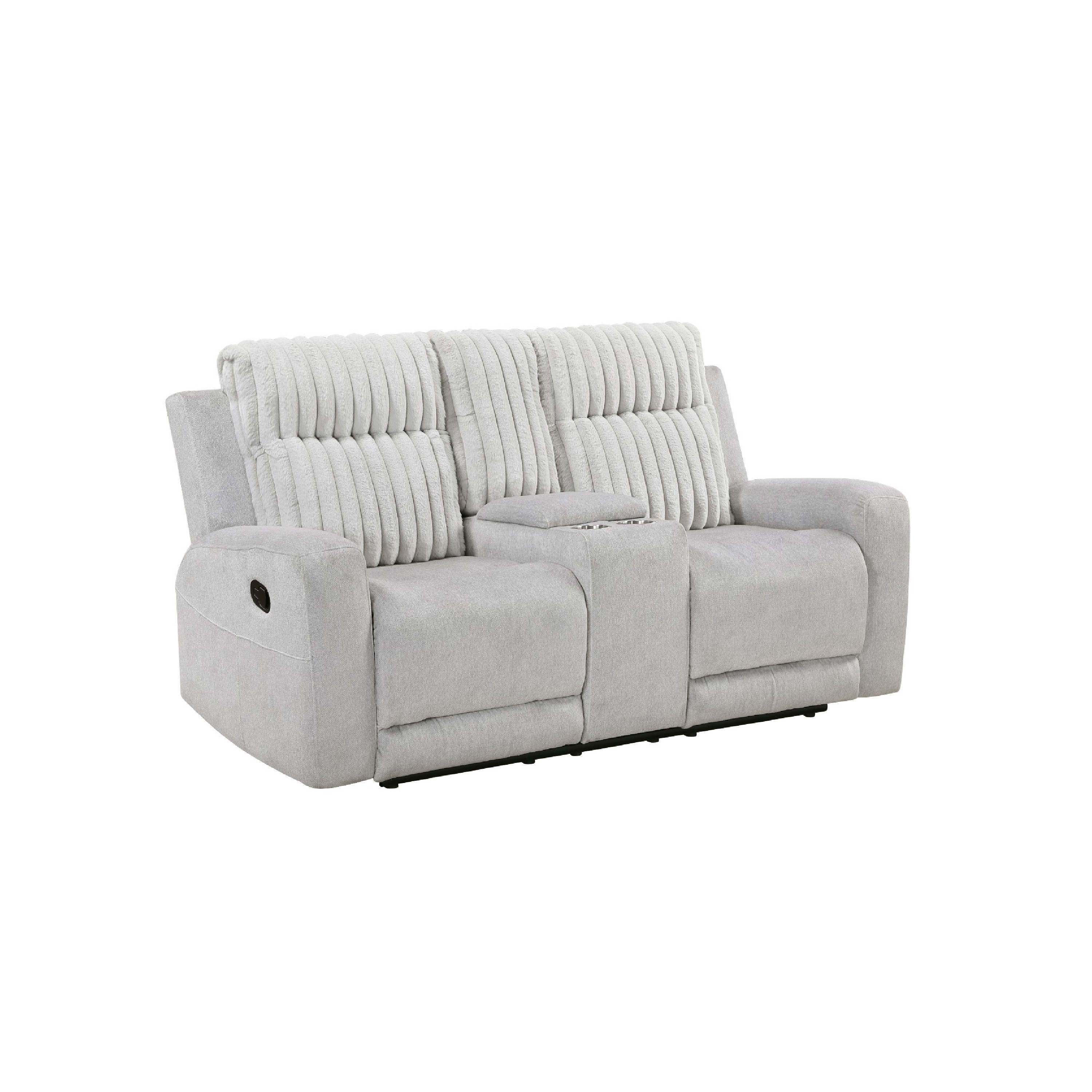 Benjara Lupe Double Manual Reclining Loveseat with Console, Light Gray Microfiber