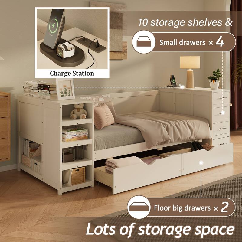 White Wooden Twin Size Daybed with Multi-Functional Desk and Charging Station
