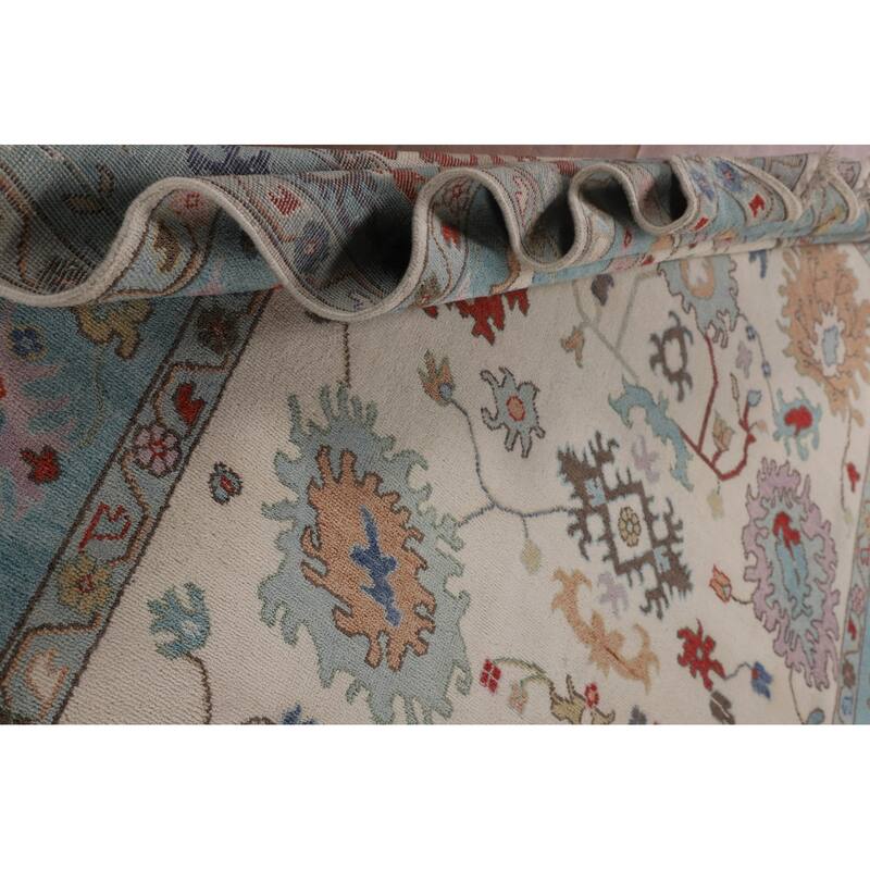 Floral Ivory & Blue Oushak Oriental Area Rug Handmade Wool Carpet - 9'0"x 11'7"