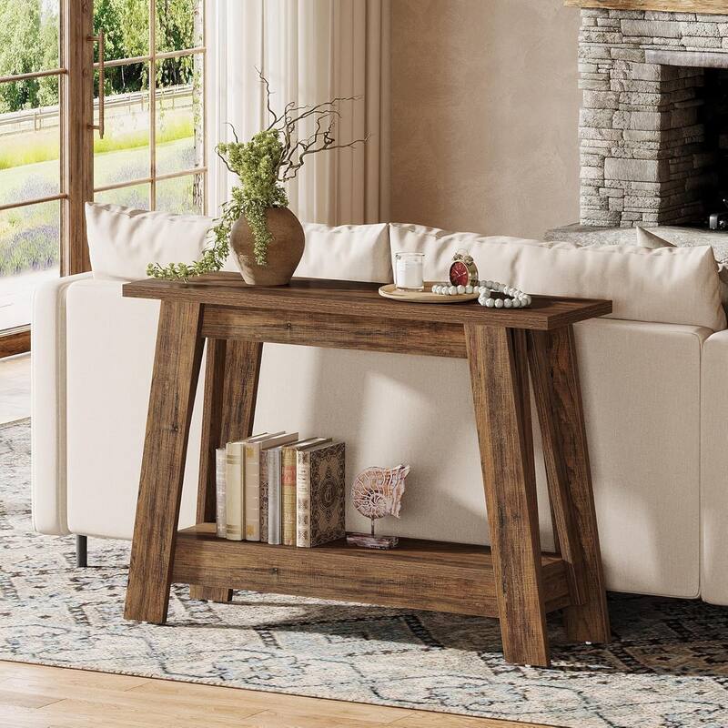 41.3" Farmhouse Console Table, 2-Tier Wooden Entryway Table with Storage - 41.3" W x 11.8" D x 31.3" H
