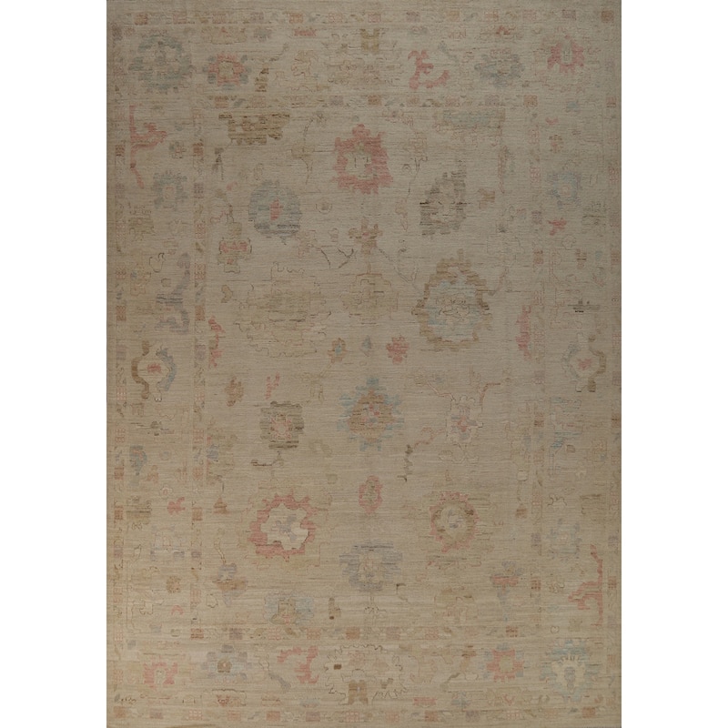 Hand Knotted Oriental 100% Wool Carpet Transitional All-Over Beige & Ivories Oushak Area Rug - 11' 10'' X 8' 11''