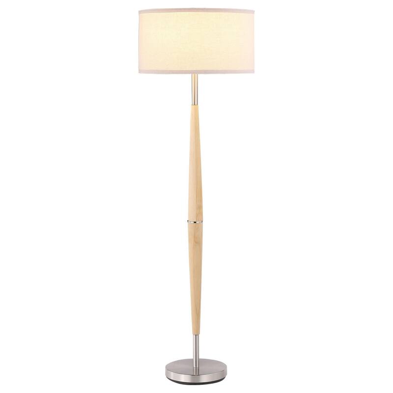 Nary Floor Lamp, 58 Inch Tapered Wood Stem, White Fabric, Chrome Metal