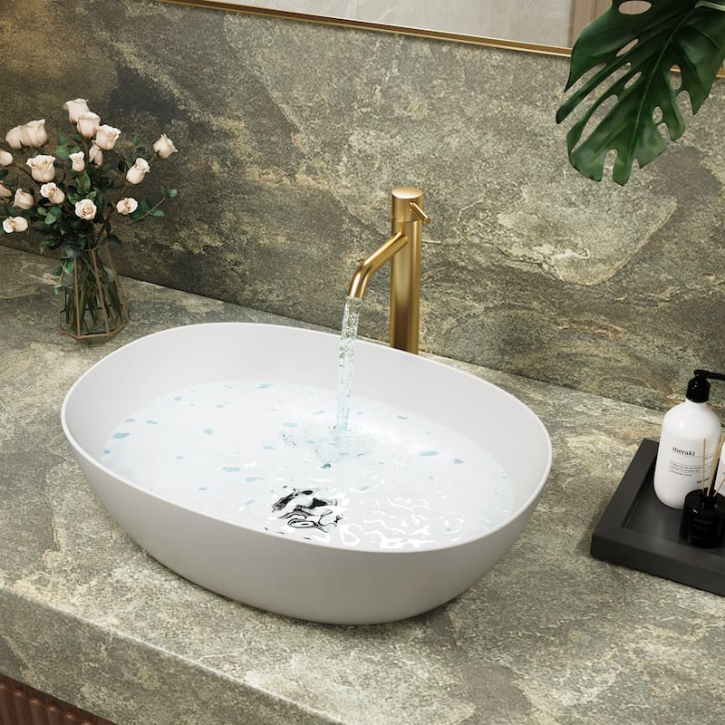 Solid Surface Vessel Bathroom Sink with Pop-Up Drain and Drain Hose, Modern Above Counter Wash Basin with Center Drain - Matte White (Solid Surface) - 22.05 x 14.96 x 5.9