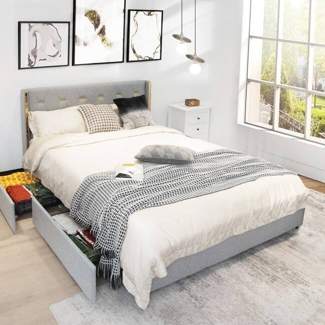 Linen Headboard 4 Drawer Storage Platform Bed
