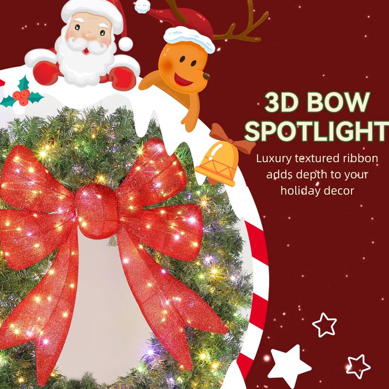 HOMCOM 48in Pre-Lit Xmas Wreath: 200 LED, 11 Modes, Remote, 3D Bow, Indoor/Outdoor
