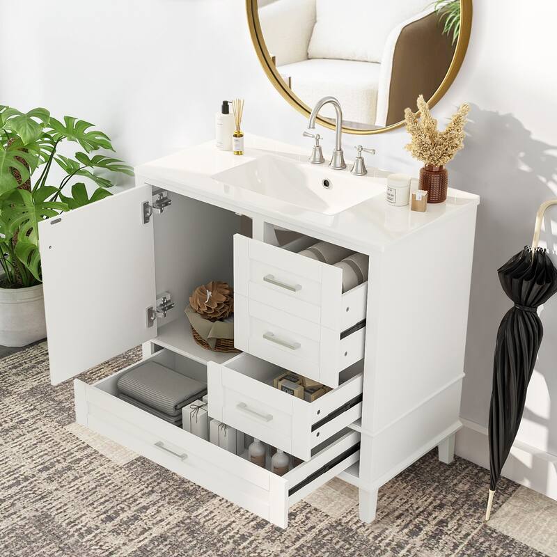 36" Bathroom Vanity with Ceramic Sink,Solid Pine Frame