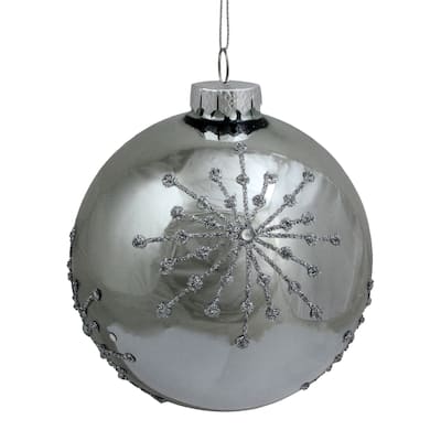 Shiny Silver Mirrored Glitter Snowflakes Christmas Ball Ornament 4"