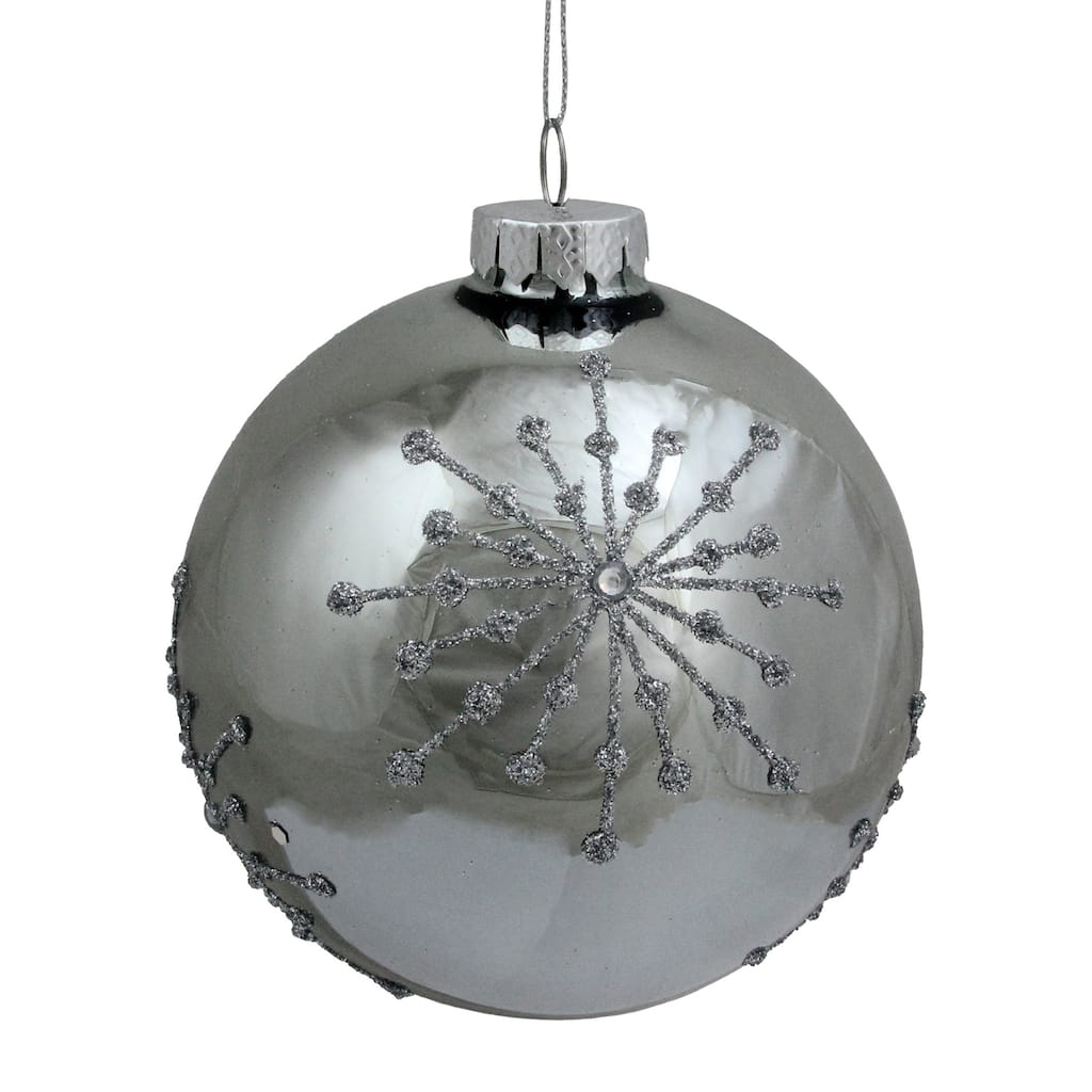 Shiny Silver Mirrored Glitter Snowflakes Christmas Ball Ornament 4"