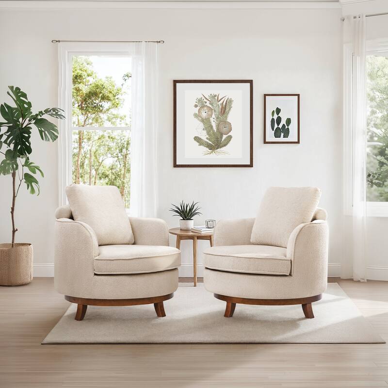 Modern Set of 2 Chenille Wooden Swivel Barrel Chair Upholstered Ergonomic Design - Taupe