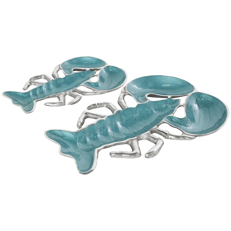 Aluminum Metal Lobster Enameled Serving Bowl with Silver Metal Exterior - Set of 2 Silver, Teal, Blue - Roche River Decor