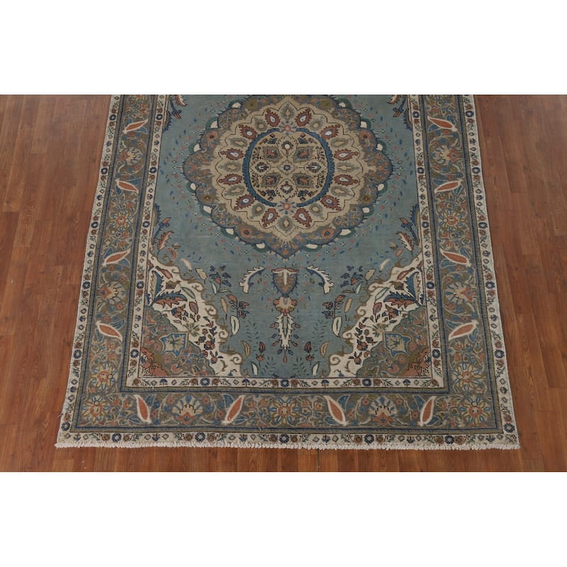 Blue Tabriz Vintage Persian Area Rug Handmade Traditional Wool Carpet - 6'4" x 9'5"