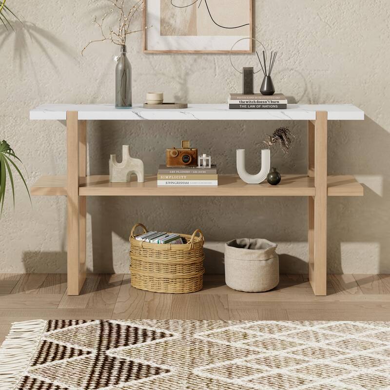 Elegant Console Table with Marble-Effect Top and Versatile Storage Solutions for Entryway and Living Room