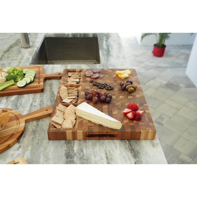 EcoDecors FSC Certified Teak Cutting Board 20" x 15", End Grain Butcher Block, Juice Groove, Side Handles