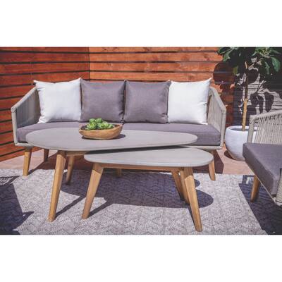 Gray Concrete Inspired Oval End Table Outdoor Accent Table with Brown Tapered Wood Legs