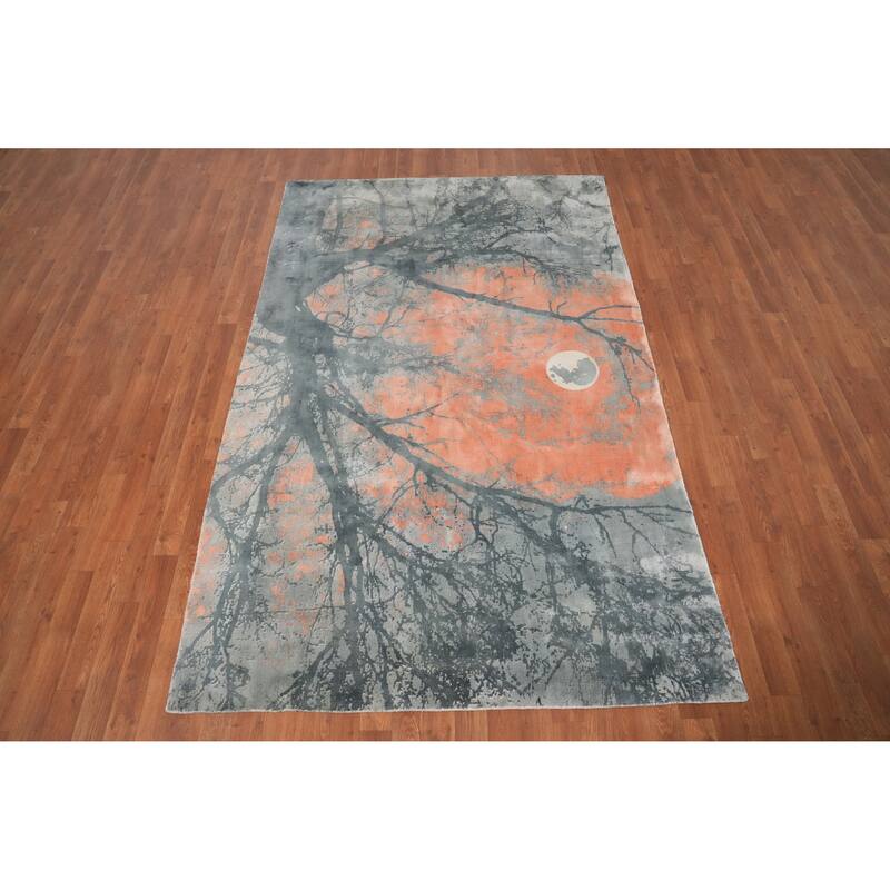 Hand Knotted Oriental Viscose Silk Carpet Modern Pictorial Multi-Colored Abstract Area Rug - 8' 0'' X 5' 0''