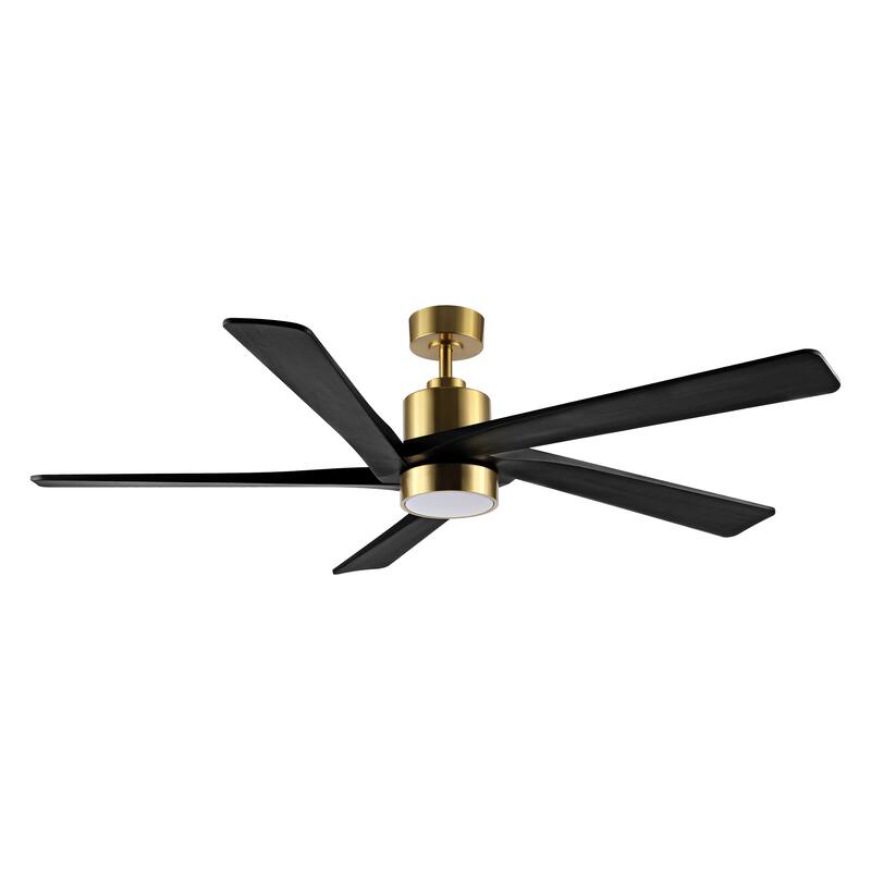 WINGBO 54 DC Ceiling Fan with Lights and Remote Control, 5 Reversible Carved Wood Blades - Brass/Black