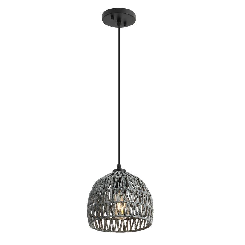 Jigu 1-Light Woven Rattan/Iron LED Pendant, by JONATHAN Y - 8.25" - Gray
