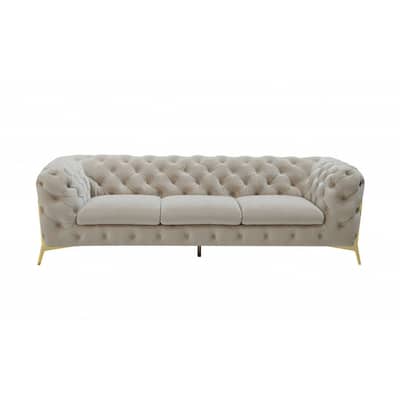 Contemporary 97" Beige Velvet And Gold Accent Sofa