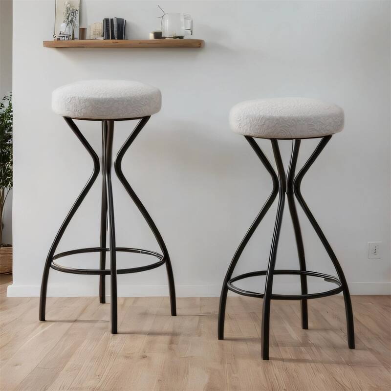 29" Upholstered Round Bar Stools w/ Footrest, Counter Height, Set of 2