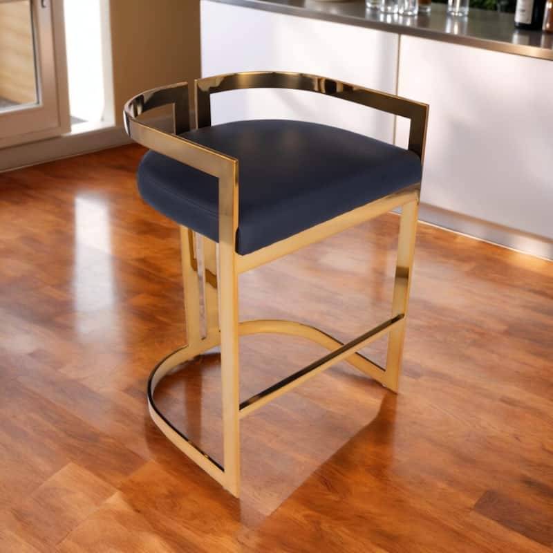 Gold Iron Counter Height Bar Stool with Arms and Faux Leather Seat - 19.5” x 19.75” x 28” (D x W x H) - Black