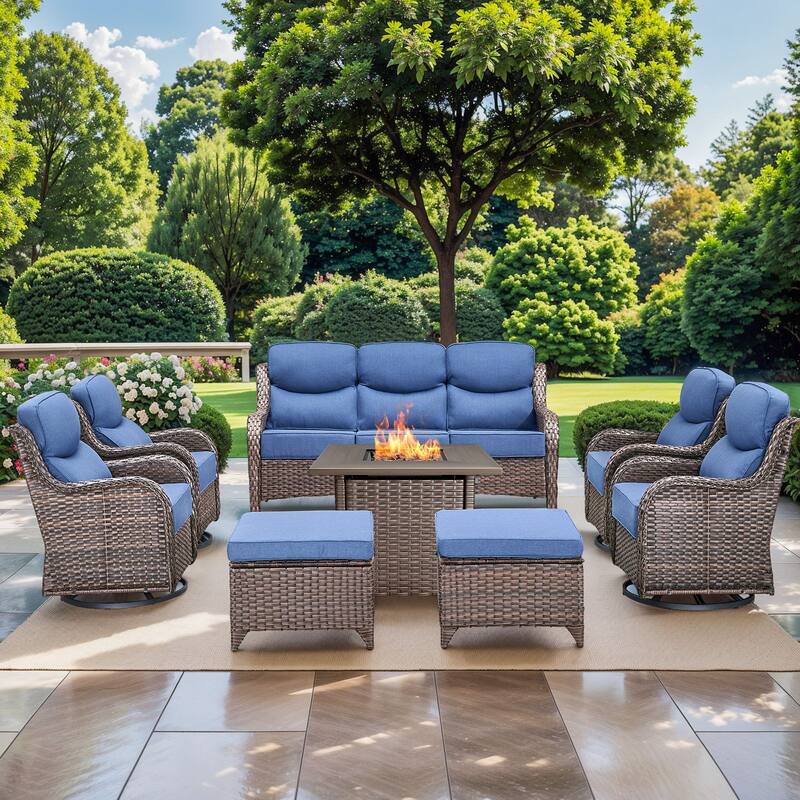 Pocassy 8 Pieces Outdoor 6" Sofa Swivel Chair Ottoman with Fire Pit Table - Brown Wicker - Blue cushion