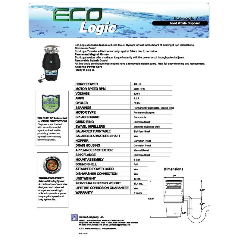 1/2 HP Mid-Duty Garbage Disposal with Attached Power Cord and Oil Rubbed Bronze Sink Flange - 1/2 hp