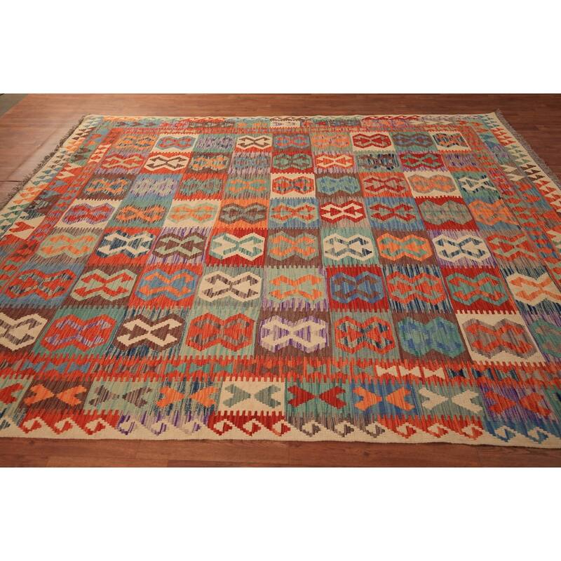 Reversible Kilim Area Rug Hand-Woven Wool Carpet - 8'5" x 9'8"