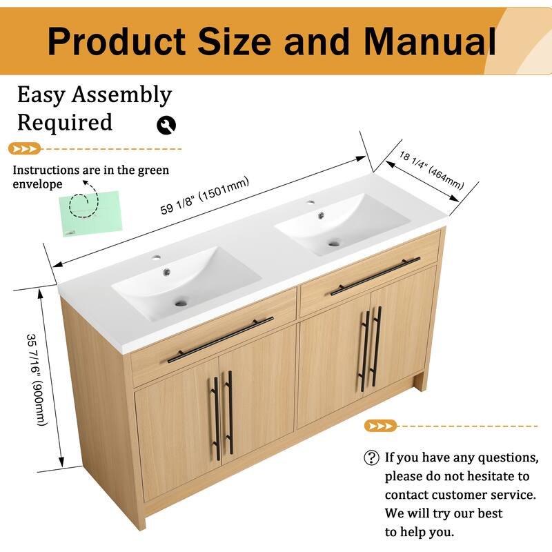 Malwee 48"/60" Bathroom Vanity with Sink, FreeStanding Vanity with 4 Soft Close Doors and 2 Adjustable Shelves