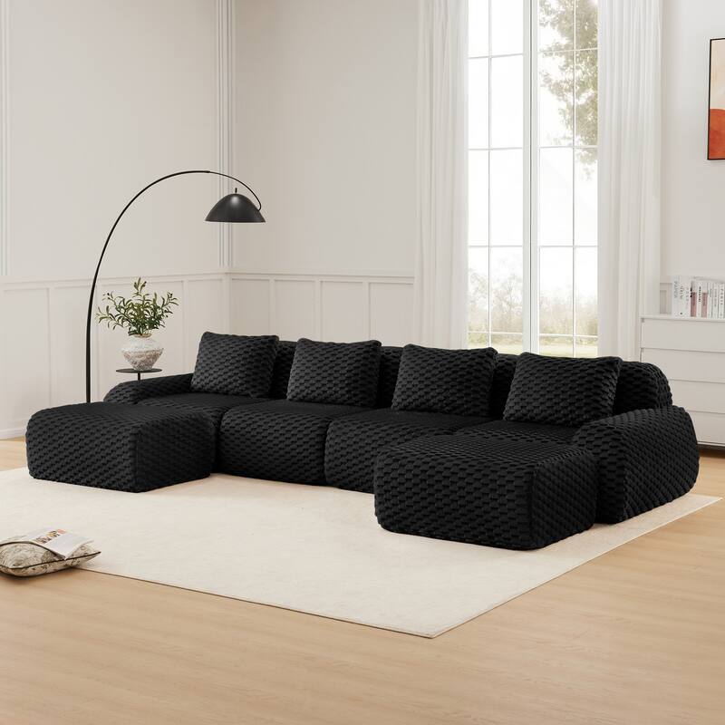 Oversized Modular Sectional Sofa with Movable Ottoman, 4 Seat Modern Flannelette Fabric Sofa Set Floor Armrests Sofa - Black 4 Seat - 2 Ottoman