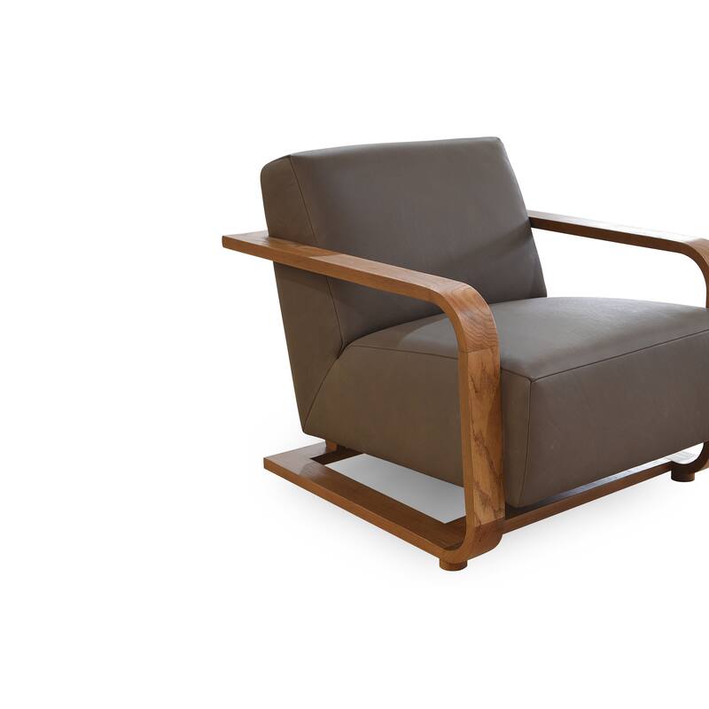 NADAAL STUDIOS Joseph Lounge Chair, Solid Oak Frame with Top Grain Leather and Foam Cushioning, Cool Brown