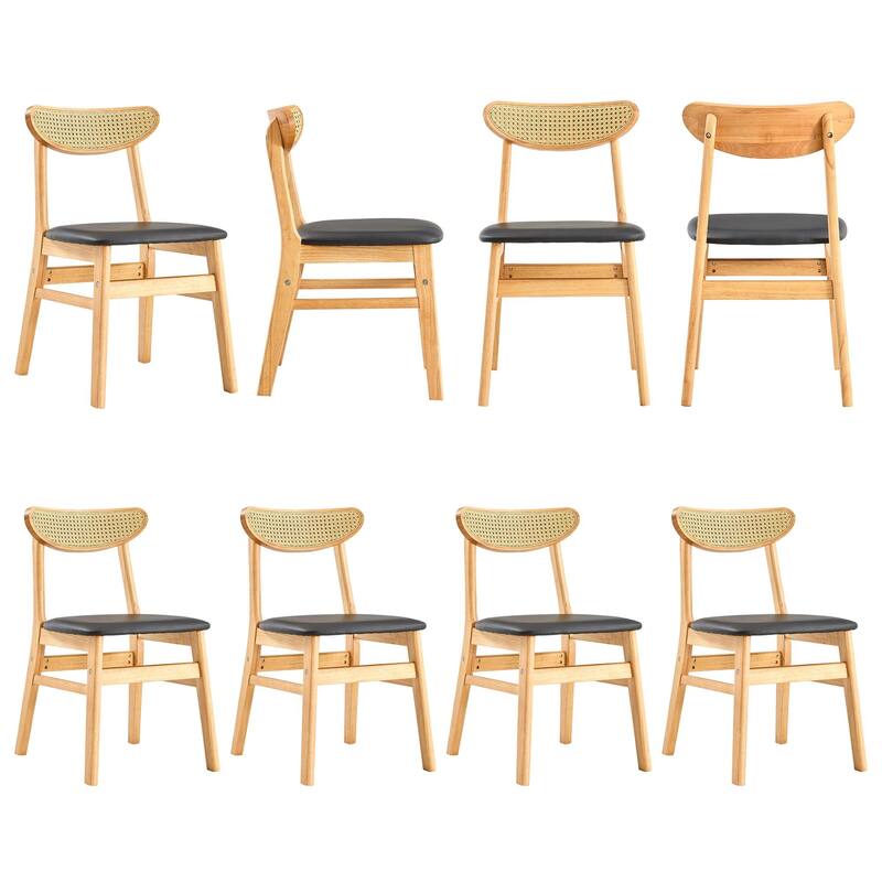 Roomfitters Rubberwood Dining Chairs with Rattan Back and PU Seat, Solid Wood Upholstered Set of 8 for Dining, Black+Natural - Black+Natural