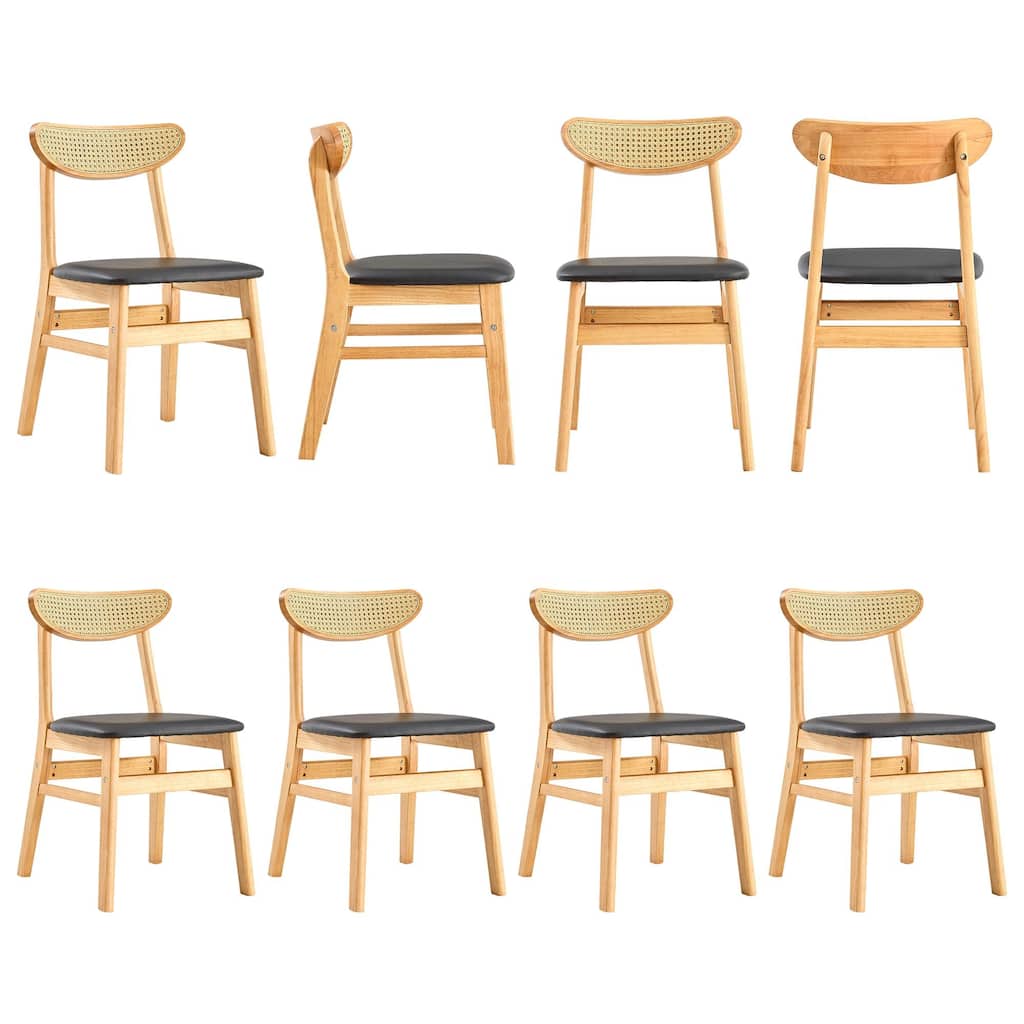 Roomfitters Rubberwood Dining Chairs with Rattan Back and PU Seat, Solid Wood Upholstered Set of 8 for Dining, Black+Natural