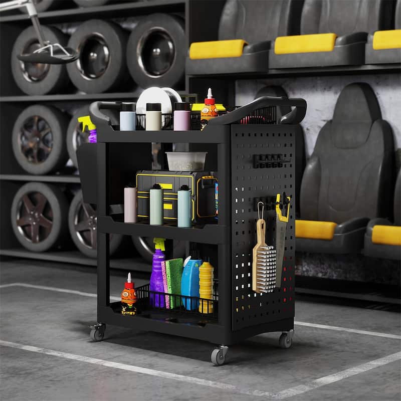 Adjustable Workshop Stool with Lumbar Support, Locking Wheels and Metal Tray and Bottle Holders