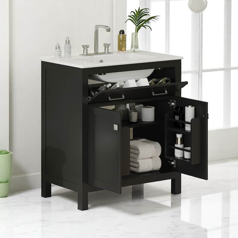 30" Modern Bathroom Vanity with Ceramic Sink, Soft-Close Doors, Flip-Out Drawer & Adjustable U-Shaped Shelf