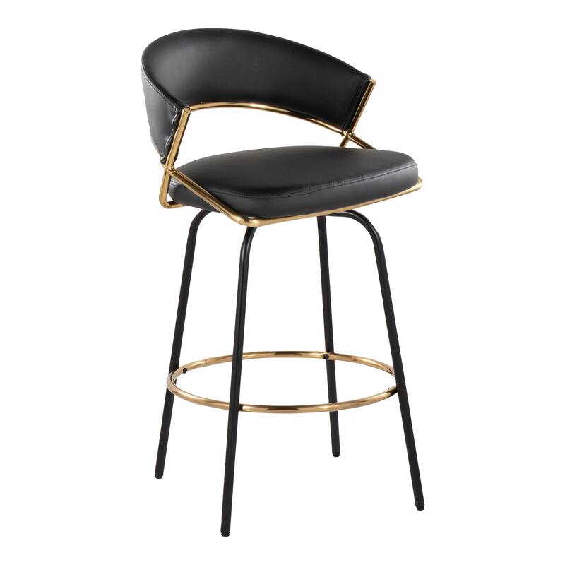 Silver Orchid Tatyana 26" Upholstered Counter Stool with Metal Legs (Set of 2) - Black Faux Leather/Black Metal/Gold Metal