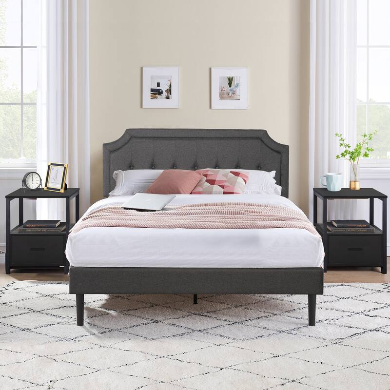 VECELO 3-Pieces Modern Upholstered Bed with Height Adjustable Headboard and Nightstands Sets