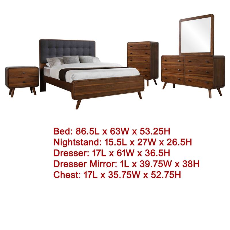 Ryb 5pc Bedroom Set with Queen Bed, Walnut Brown, Dark Gray Upholstery