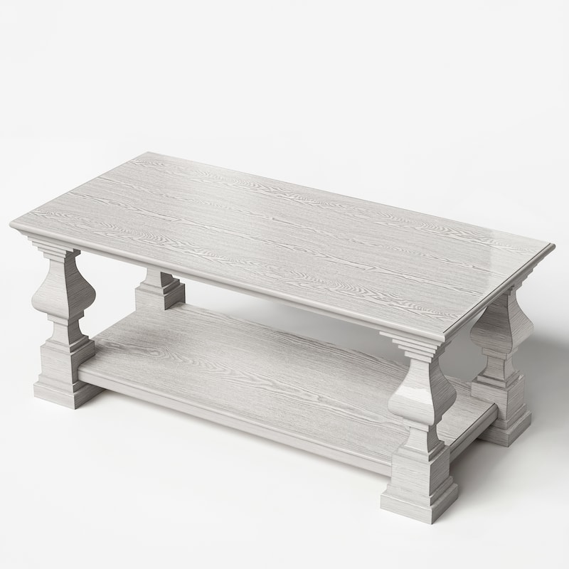 Solid Wood Coffee Table with Storage Shelf, White Washed Rustic Living Room Center Table