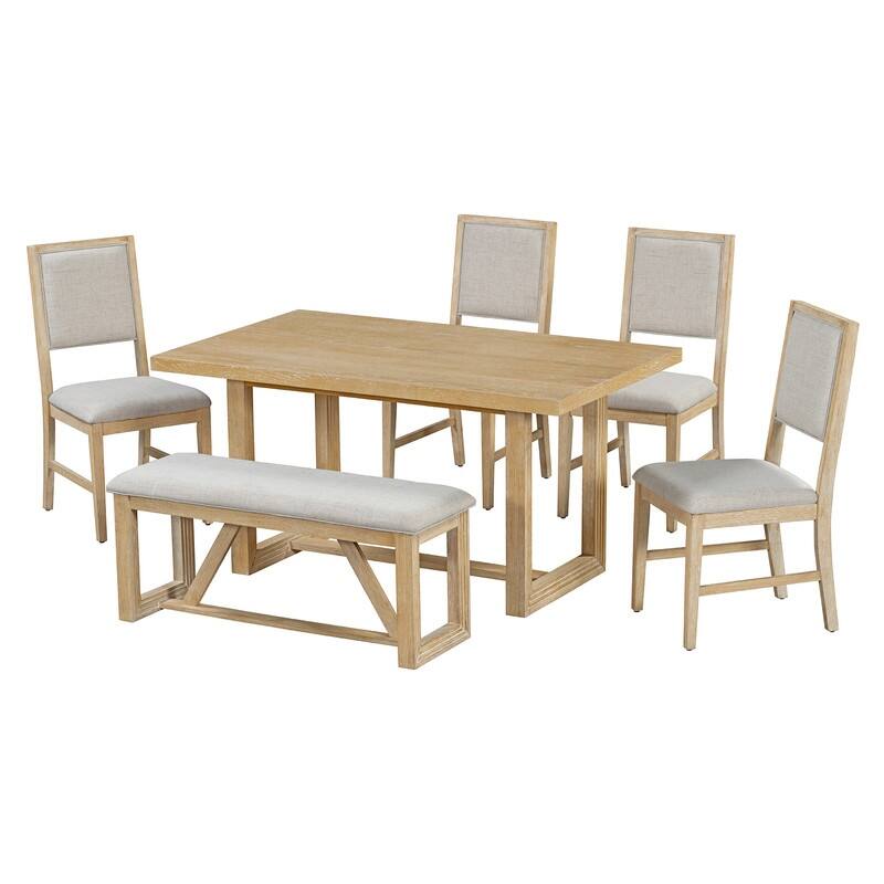 Spruce & Spring Dining Table Set for 6, 6-Piece Mid Century Modern Farmhouse Table with Chairs and Bench