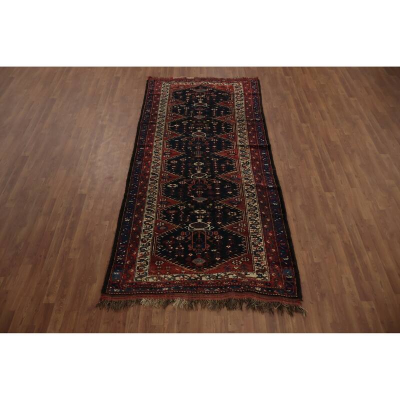 Hand Knotted Oriental 100% Wool Carpet Traditional Tribal Navy Blue & Blues Qashqai Area Rug - 9' 7'' X 4' 6''