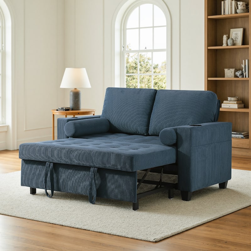Corduroy Convertible Loveseat Sofa Bed Recliner with Cup Holder, USB Ports - Navy Blue