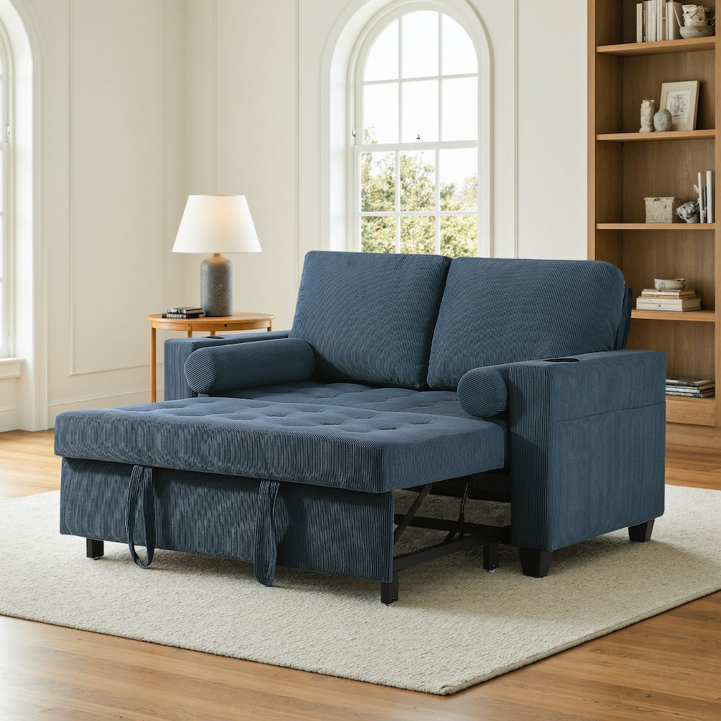 Corduroy Convertible Loveseat Sofa Bed Recliner with Cup Holder, USB Ports