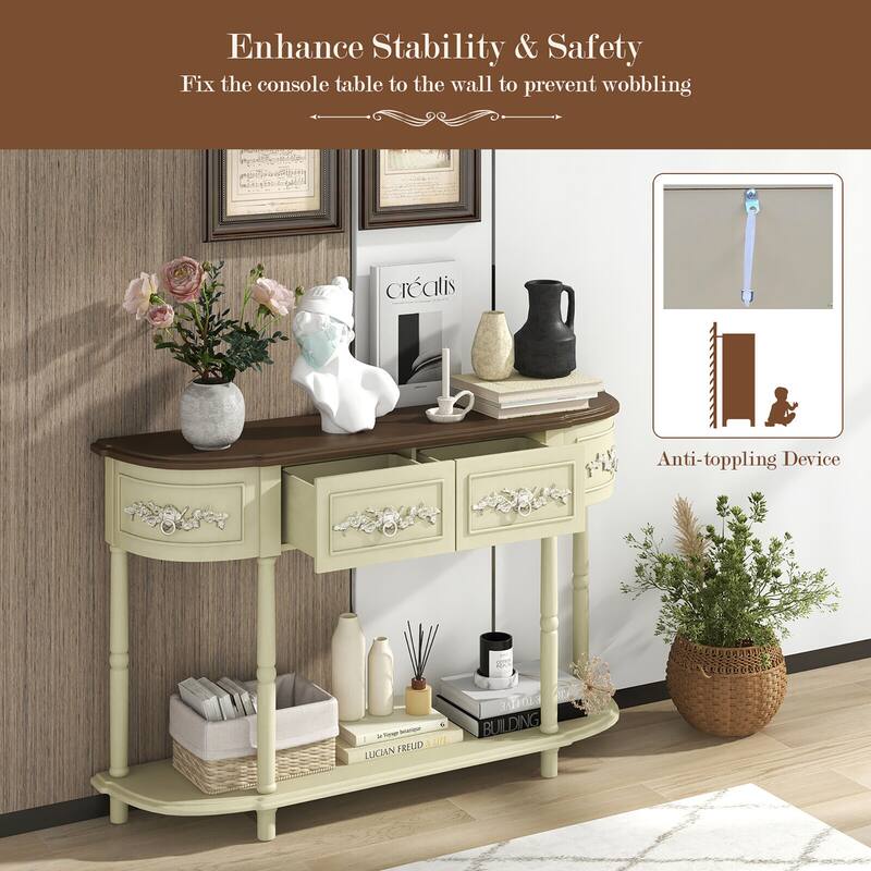 Gymax 52'' Long Sofa Table Retro Curved Console Table w/ Open Shelf