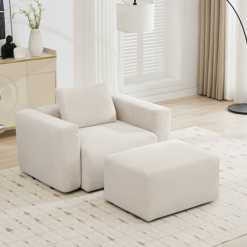 Corduroy Sectional Modular Sofa with Square Arms & Ottoman Extension for Flexible Arrangements