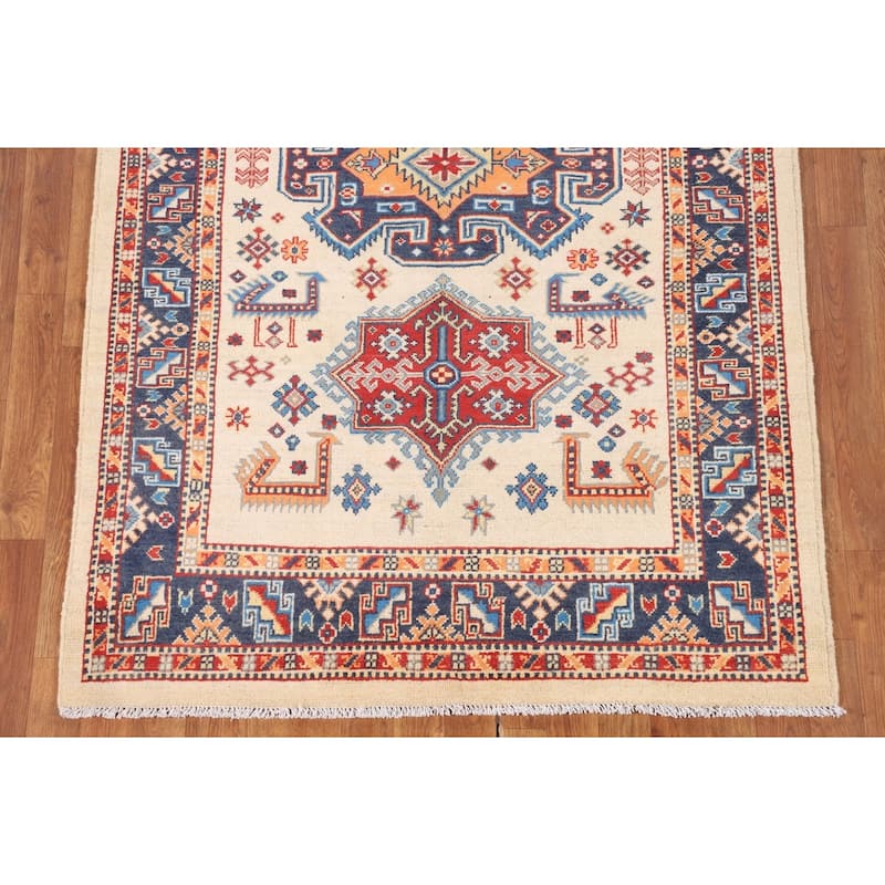 Beige / Ivory Geometric Kazak Oriental Rug Hand-Knotted Wool Carpet - 4'2" x 5'11"