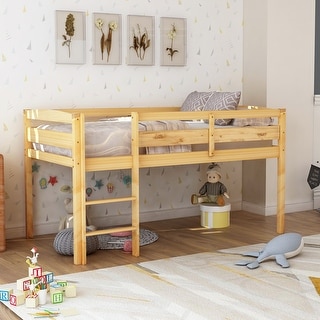 Walnut Twin Size Wood Low Loft Bed with Ladder and Fence
