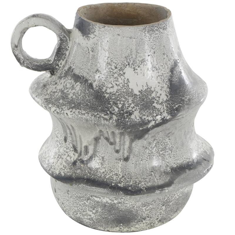 Light Gray Paper Mache Distressed Fluted Decorative Vase with Light Gray Texturing and Ring Handle